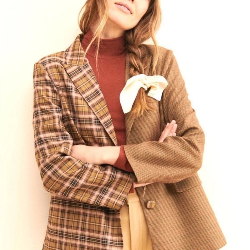 SOLD - Mare Mare - Mixed Print Blazer Brown Plaid & Houndstooth Print